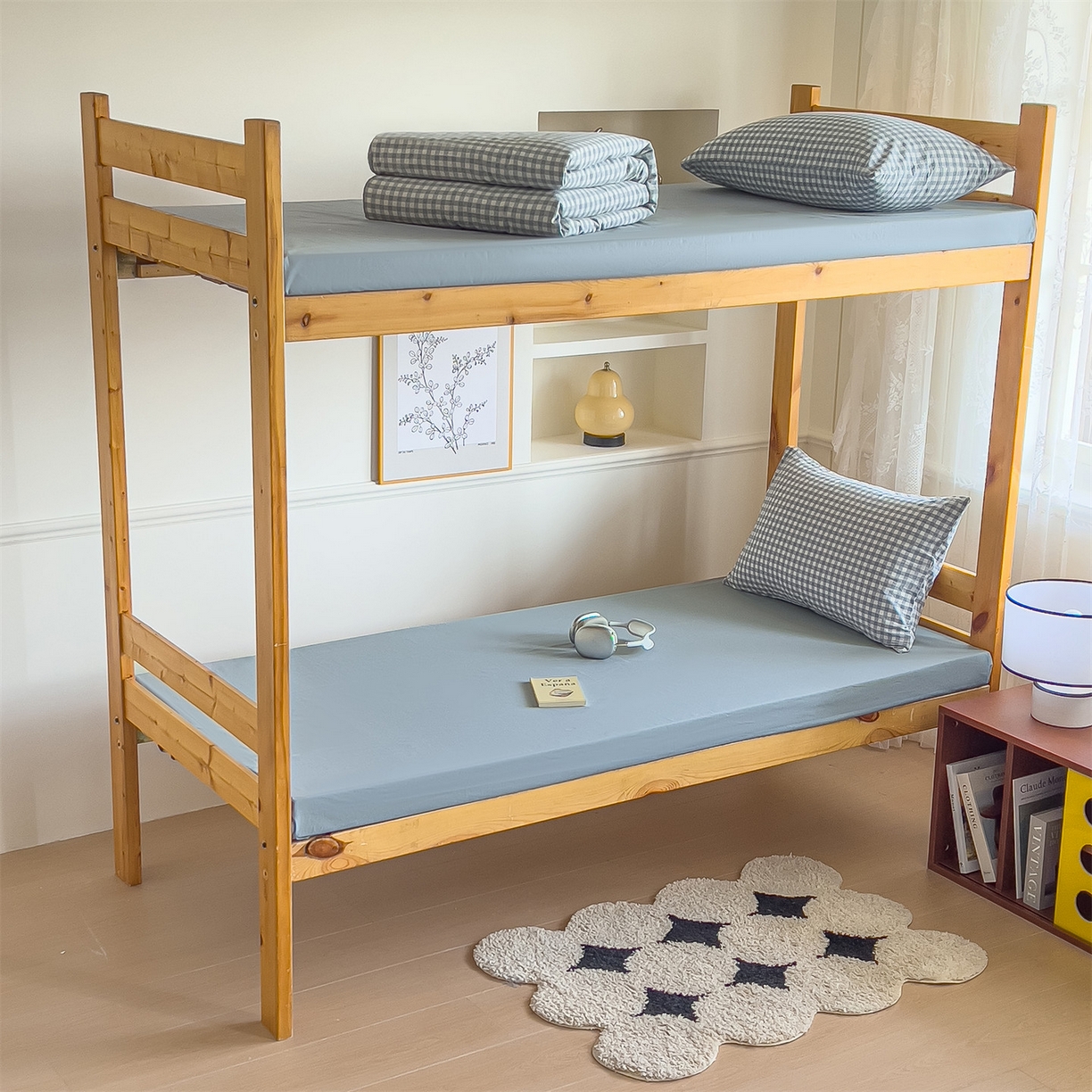 91家纺网 家纺一手货源 找家纺 恬思语家纺 2025新款全棉纯棉水洗棉学生宿舍上下铺三件套四件套单被套单品 蓝小格