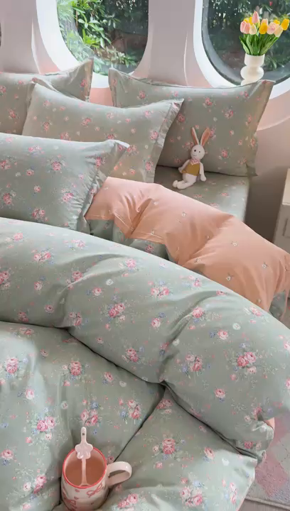 91家纺网 家纺一手货源 找家纺 壹贝家纺 2025新款小清新全棉纯棉印花系列-单被套 沐熙花-绿