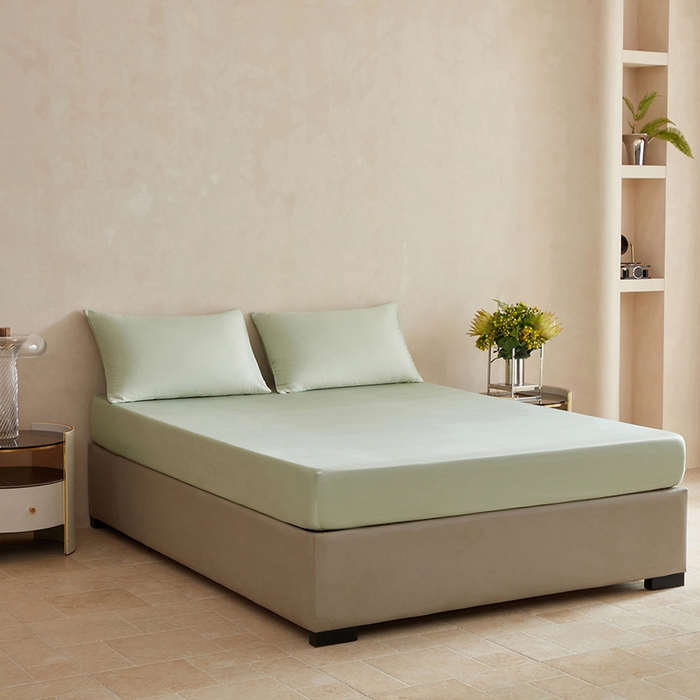 91家纺网 家纺一手货源 找家纺 轩和家居 2025新款天竹60支竹浆纤维A类婴幼儿级别天然抗菌抑菌系列床笠单件-单床笠 淡绿