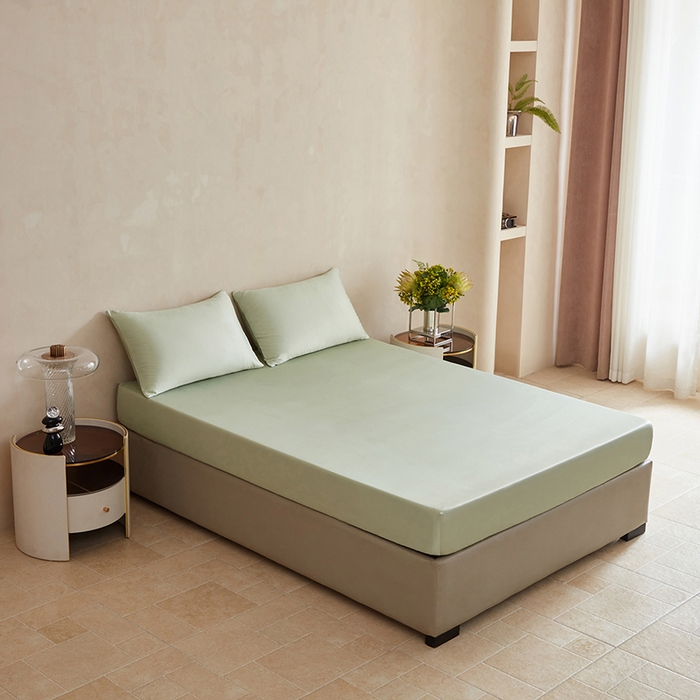 91家纺网 家纺一手货源 找家纺 轩和家居 2025新款天竹60支竹浆纤维A类婴幼儿级别天然抗菌抑菌系列床笠单件-单床笠 淡绿