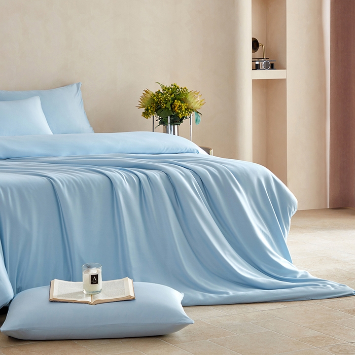 91家纺网 家纺一手货源 找家纺 轩和家居 2025新款天竹60支竹浆纤维A类婴幼儿级别天然抗菌抑菌四件套 天蓝