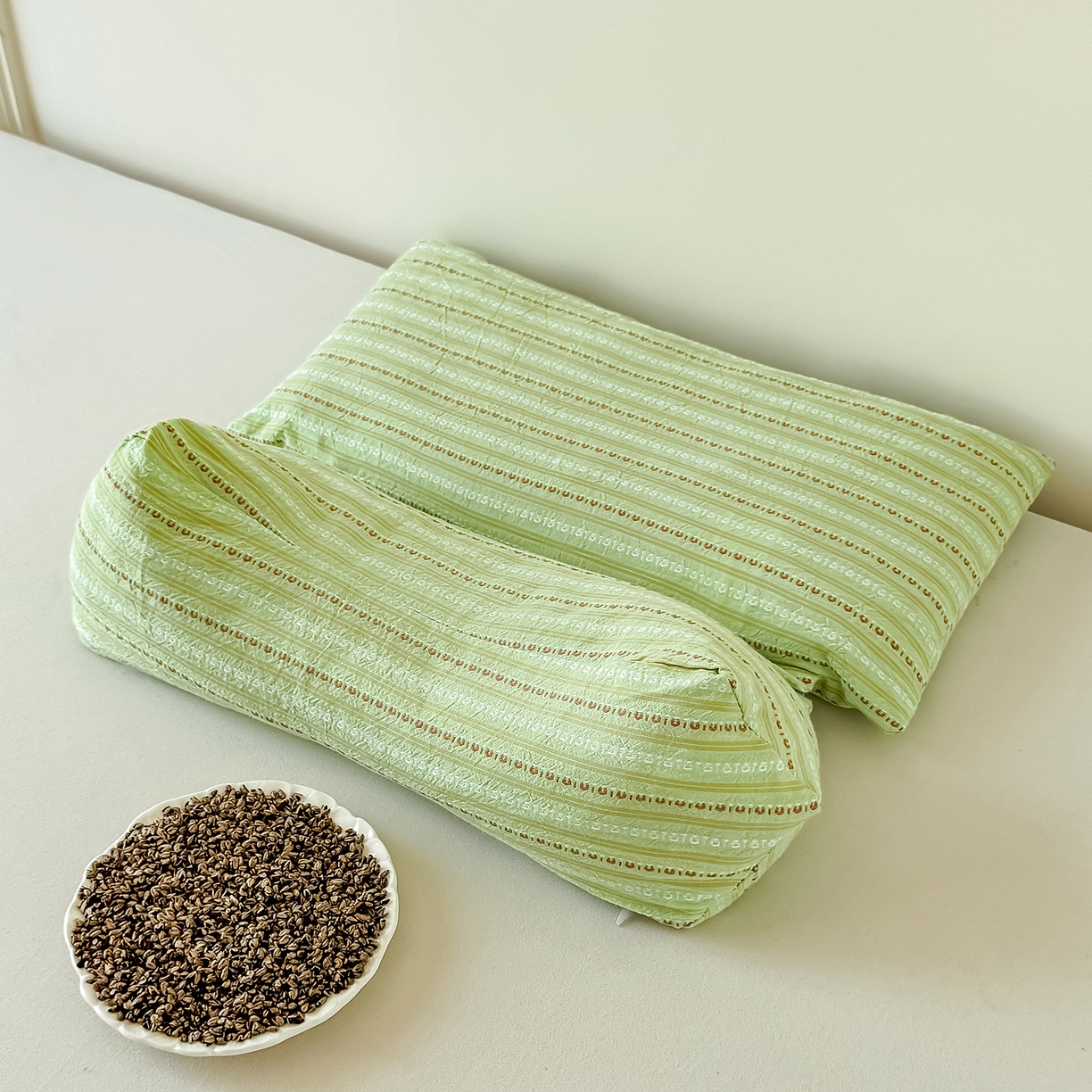 云熙枕业 2025新款全棉三角方形连体纯荞麦牵引枕枕头枕芯 三角荞麦枕-绿色 三角枕16x35+方枕20x35+高度10-15cm/只