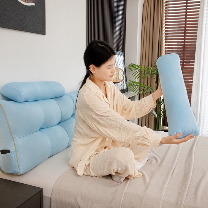 91家纺网 家纺一手货源 找家纺 沐沐家纺 2026新款纯色磨毛布三角靠垫带头枕款 蓝色