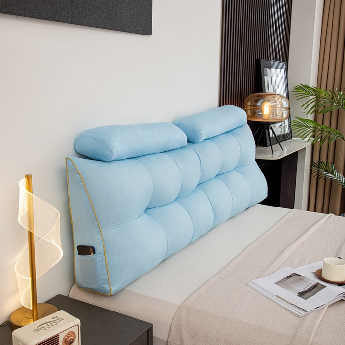 91家纺网 家纺一手货源 找家纺 沐沐家纺 2026新款纯色磨毛布三角靠垫带头枕款 蓝色