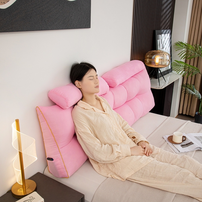 91家纺网 家纺一手货源 找家纺 沐沐家纺 2026新款纯色磨毛布三角靠垫带头枕款 玫粉