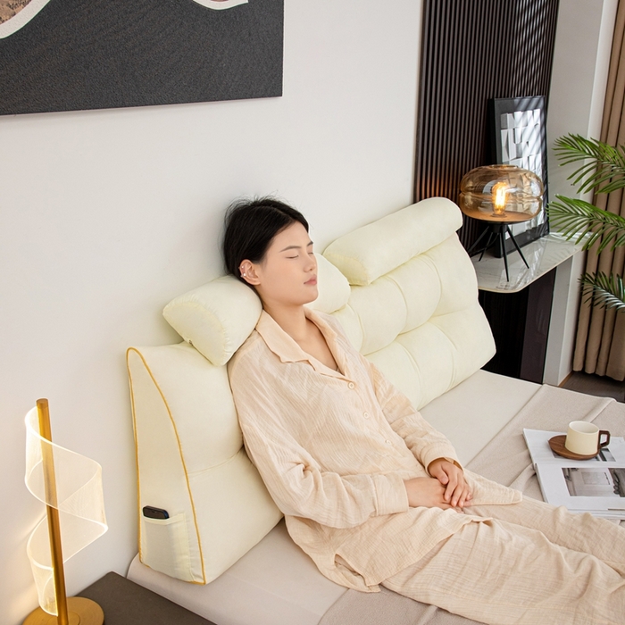 91家纺网 家纺一手货源 找家纺 沐沐家纺 2026新款纯色磨毛布三角靠垫带头枕款 奶白