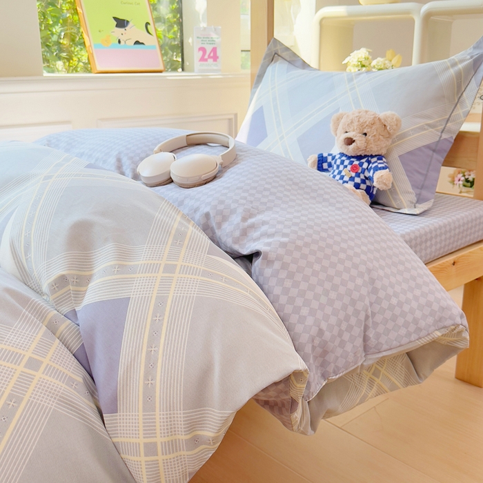 91家纺网 家纺一手货源 找家纺 小叮当家纺仓储工厂店 2025新款全棉纯棉AB版13372学生宿舍印花三件套双面纯棉床单款上下铺单人 简格寻迹