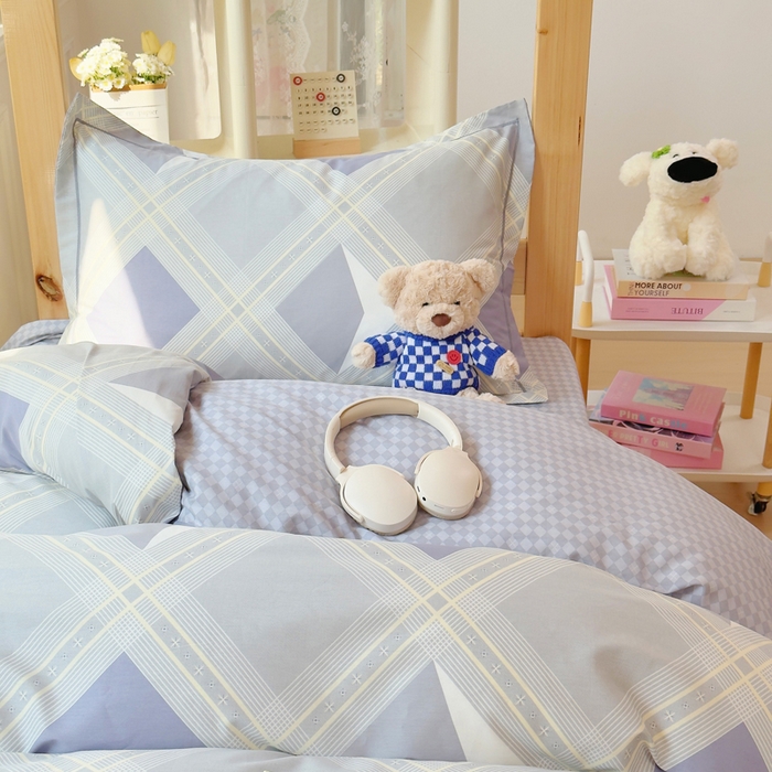 91家纺网 家纺一手货源 找家纺 小叮当家纺仓储工厂店 2025新款全棉纯棉AB版13372学生宿舍印花三件套双面纯棉床单款上下铺单人 简格寻迹