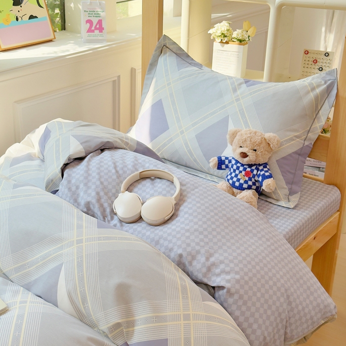 91家纺网 家纺一手货源 找家纺 小叮当家纺仓储工厂店 2025新款全棉纯棉AB版13372学生宿舍印花三件套双面纯棉床单款上下铺单人 简格寻迹