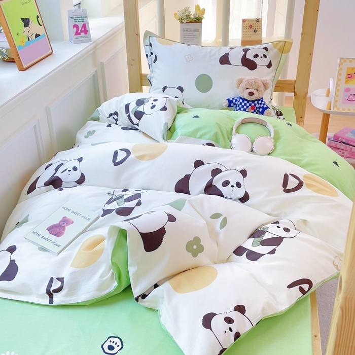 91家纺网 家纺一手货源 找家纺 小叮当家纺仓储工厂店 2025新款全棉纯棉AB版13372学生宿舍印花三件套双面纯棉床单款上下铺单人 呆萌熊猫