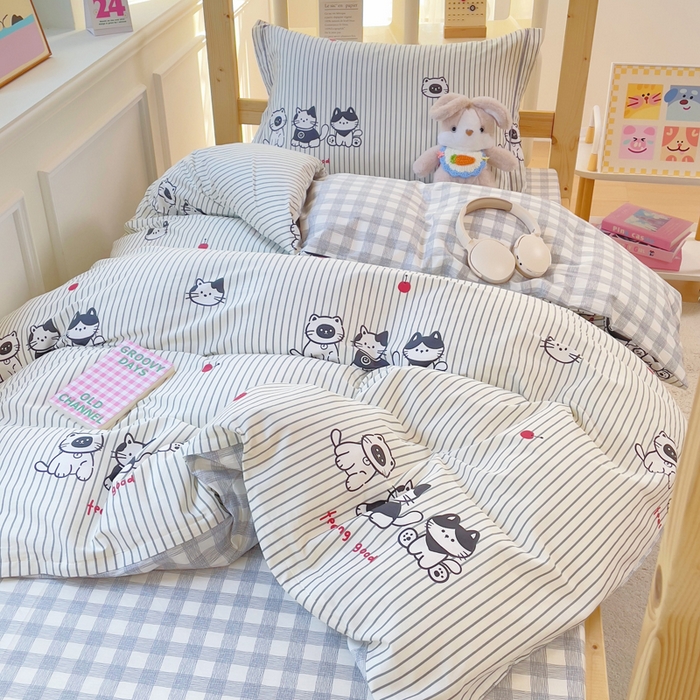 91家纺网 家纺一手货源 找家纺 小叮当家纺仓储工厂店 2025新款全棉纯棉AB版13372学生宿舍印花三件套双面纯棉床单款上下铺单人 欢乐猫