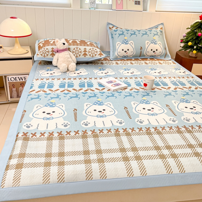 91家纺网 家纺一手货源 找家纺 小叮当家纺仓储工厂店 2025新款A类印花冰藤凉席席子针织棉牛奶丝夏被夏凉被空调被四件套 冰藤席-费尔岛