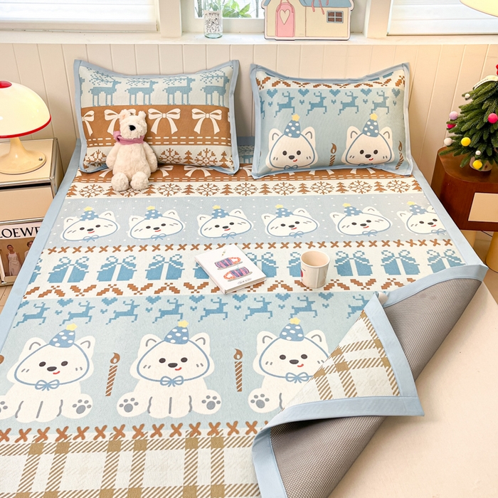 91家纺网 家纺一手货源 找家纺 小叮当家纺仓储工厂店 2025新款A类印花冰藤凉席席子针织棉牛奶丝夏被夏凉被空调被四件套 冰藤席-费尔岛