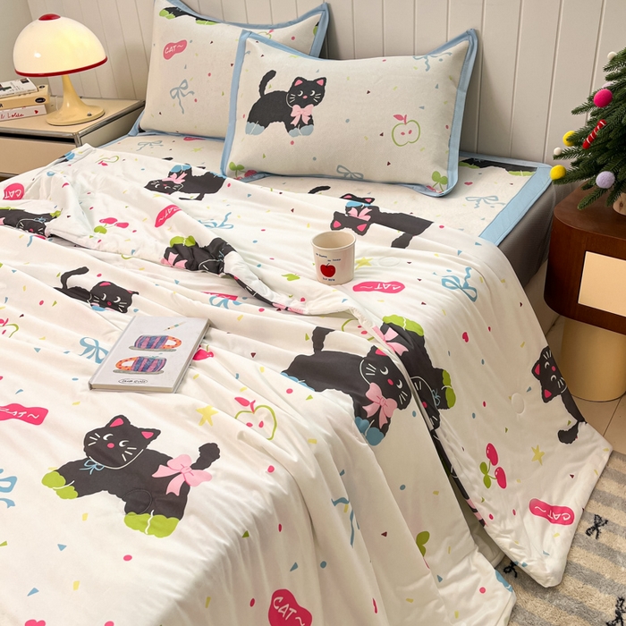 小叮当家纺仓储工厂店 2025新款A类印花冰藤凉席席子针织棉牛奶丝夏被夏凉被空调被四件套 冰藤席-黑猫日记