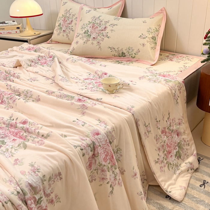 小叮当家纺仓储工厂店 2025新款A类印花冰藤凉席席子针织棉牛奶丝夏被夏凉被空调被四件套 冰藤席-花海