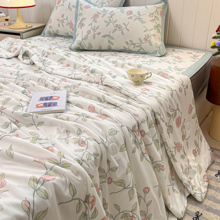 小叮当家纺仓储工厂店 2025新款A类印花冰藤凉席席子针织棉牛奶丝夏被夏凉被空调被四件套 冰藤席-花枝