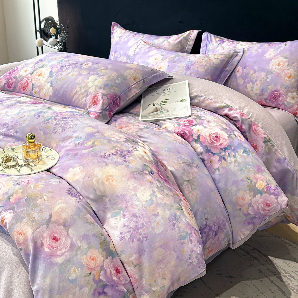 91家纺网 家纺一手货源 找家纺 喜四方 2025新款加厚天丝棉磨毛数码印花四件套 素唯-紫