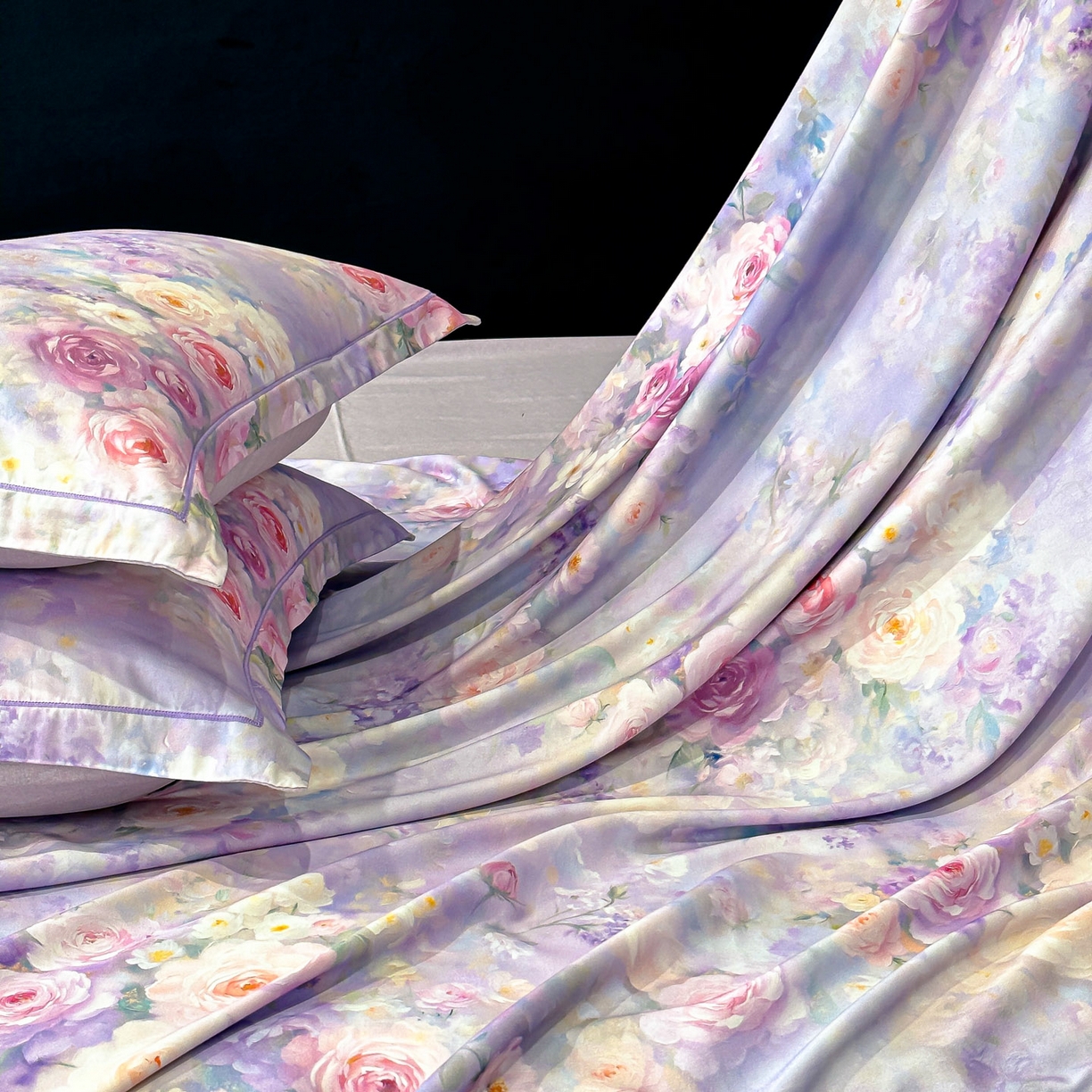 91家纺网 家纺一手货源 找家纺 喜四方 2025新款加厚天丝棉磨毛数码印花四件套 素唯-紫