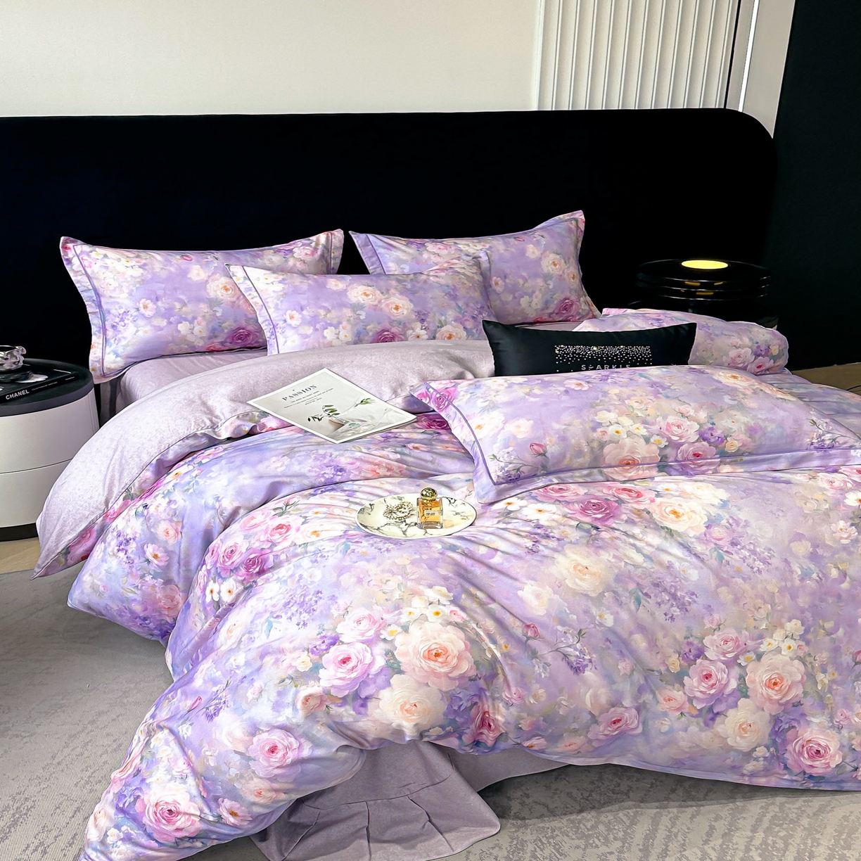 91家纺网 家纺一手货源 找家纺 喜四方 2025新款加厚天丝棉磨毛数码印花四件套 素唯-紫