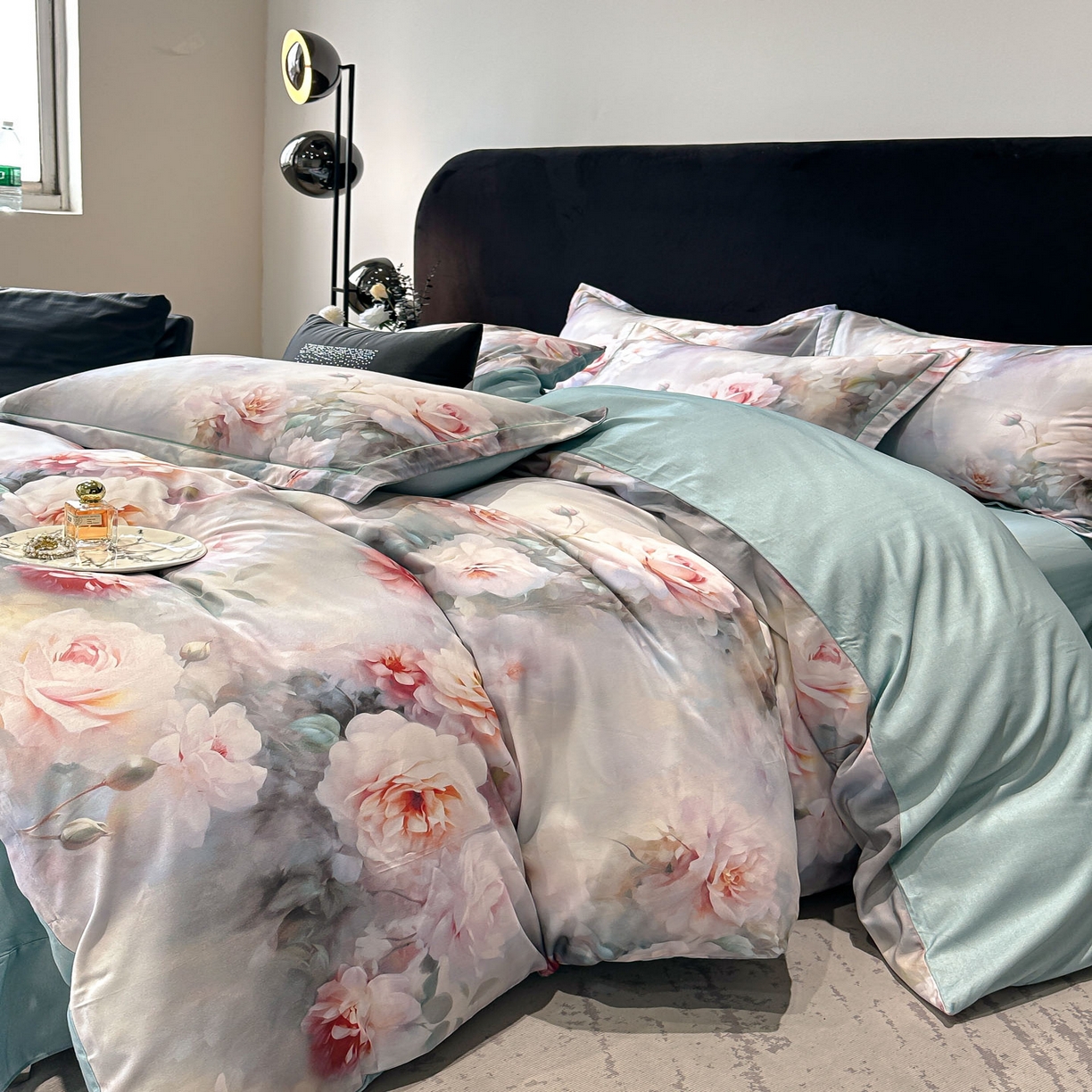 91家纺网 家纺一手货源 找家纺 喜四方 2025新款加厚天丝棉磨毛数码印花四件套 蕊雅-绿