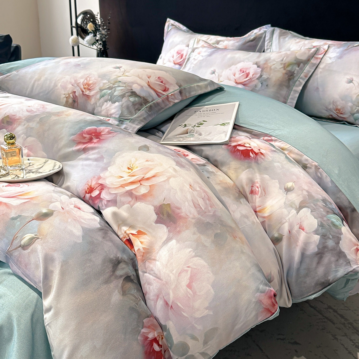 91家纺网 家纺一手货源 找家纺 喜四方 2025新款加厚天丝棉磨毛数码印花四件套 蕊雅-绿