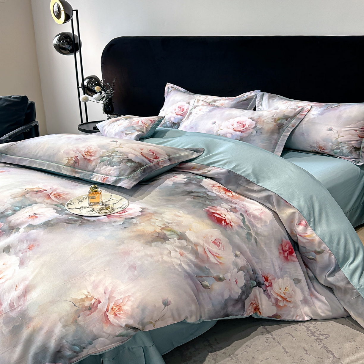 91家纺网 家纺一手货源 找家纺 喜四方 2025新款加厚天丝棉磨毛数码印花四件套 蕊雅-绿