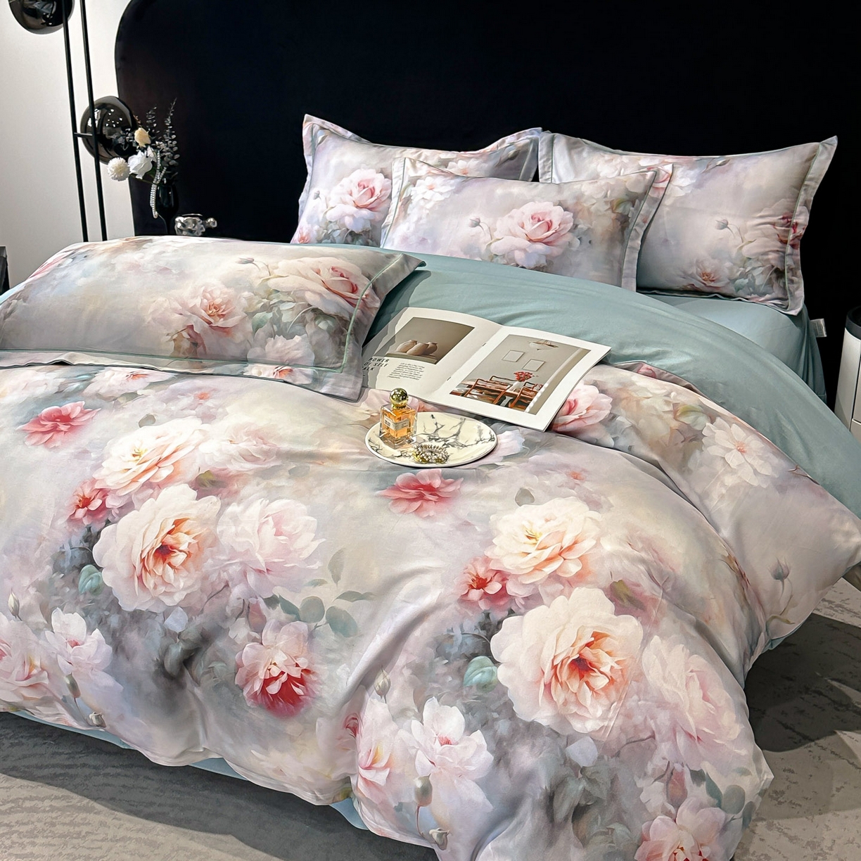 91家纺网 家纺一手货源 找家纺 喜四方 2025新款加厚天丝棉磨毛数码印花四件套 蕊雅-绿