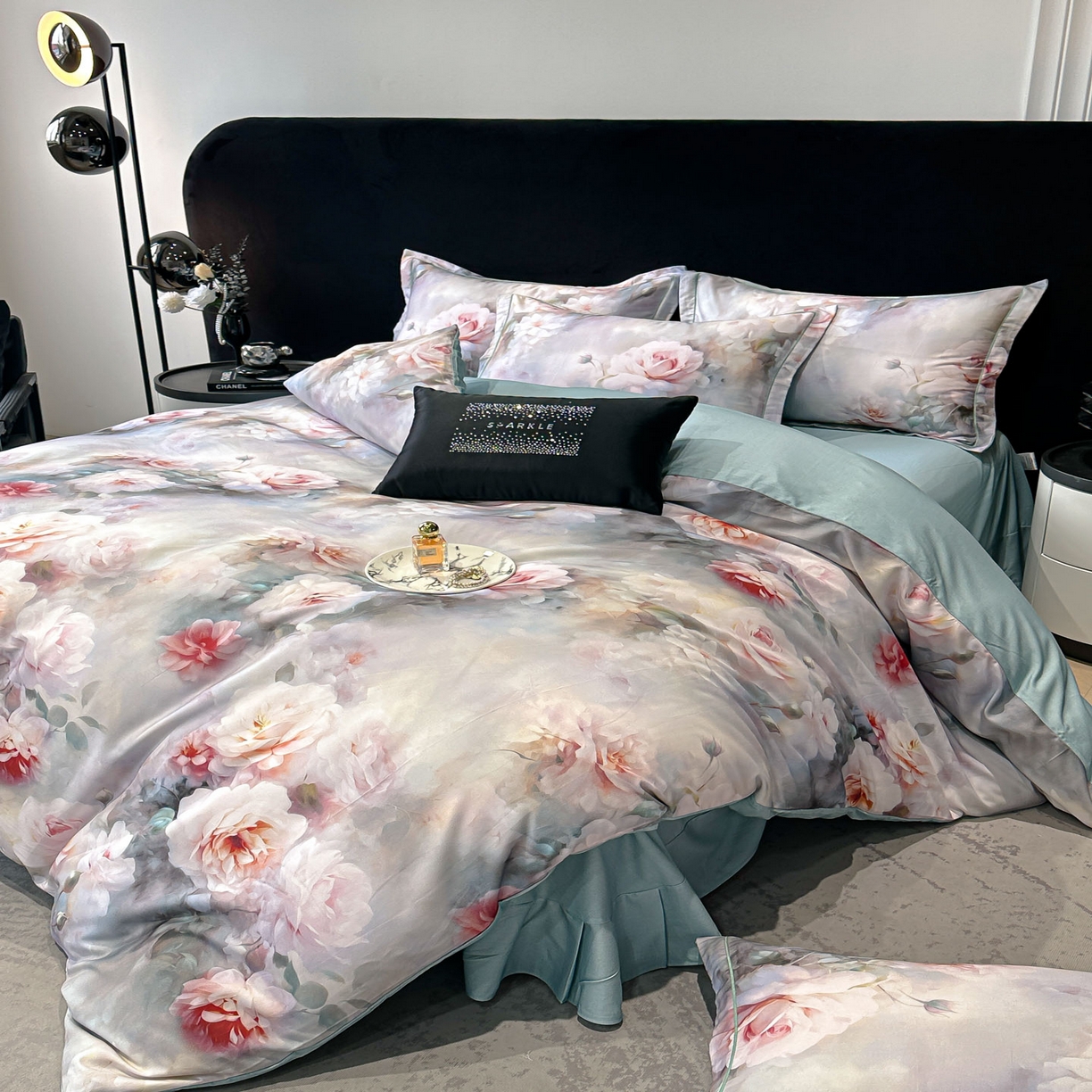 91家纺网 家纺一手货源 找家纺 喜四方 2025新款加厚天丝棉磨毛数码印花四件套 蕊雅-绿