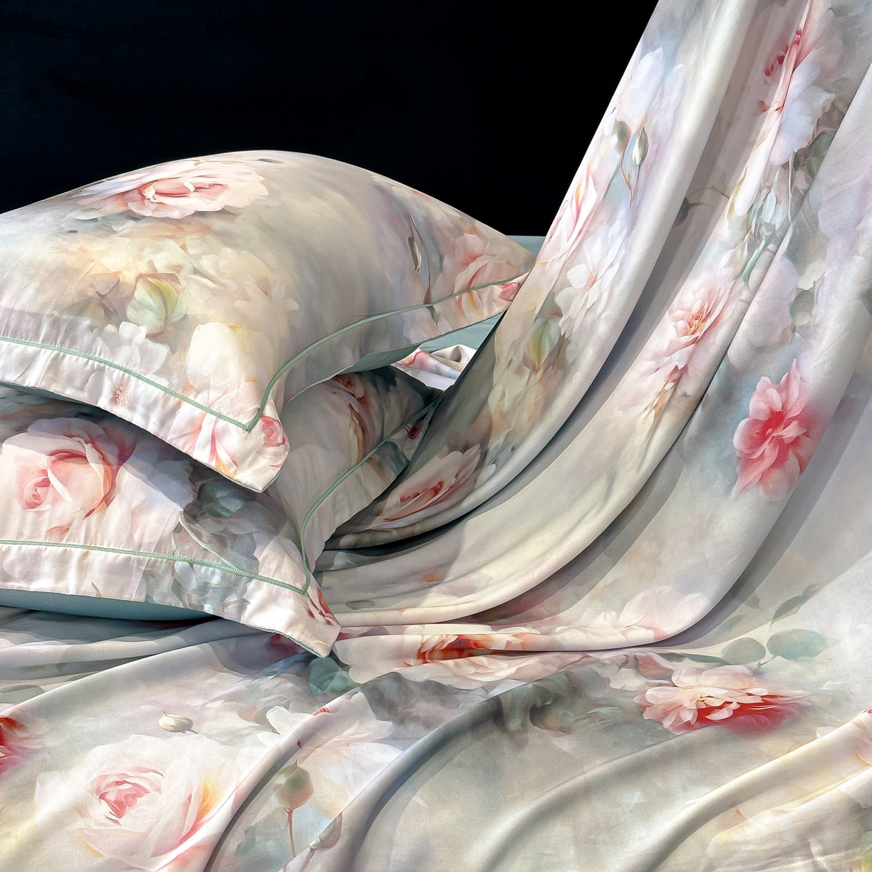 91家纺网 家纺一手货源 找家纺 喜四方 2025新款加厚天丝棉磨毛数码印花四件套 蕊雅-绿