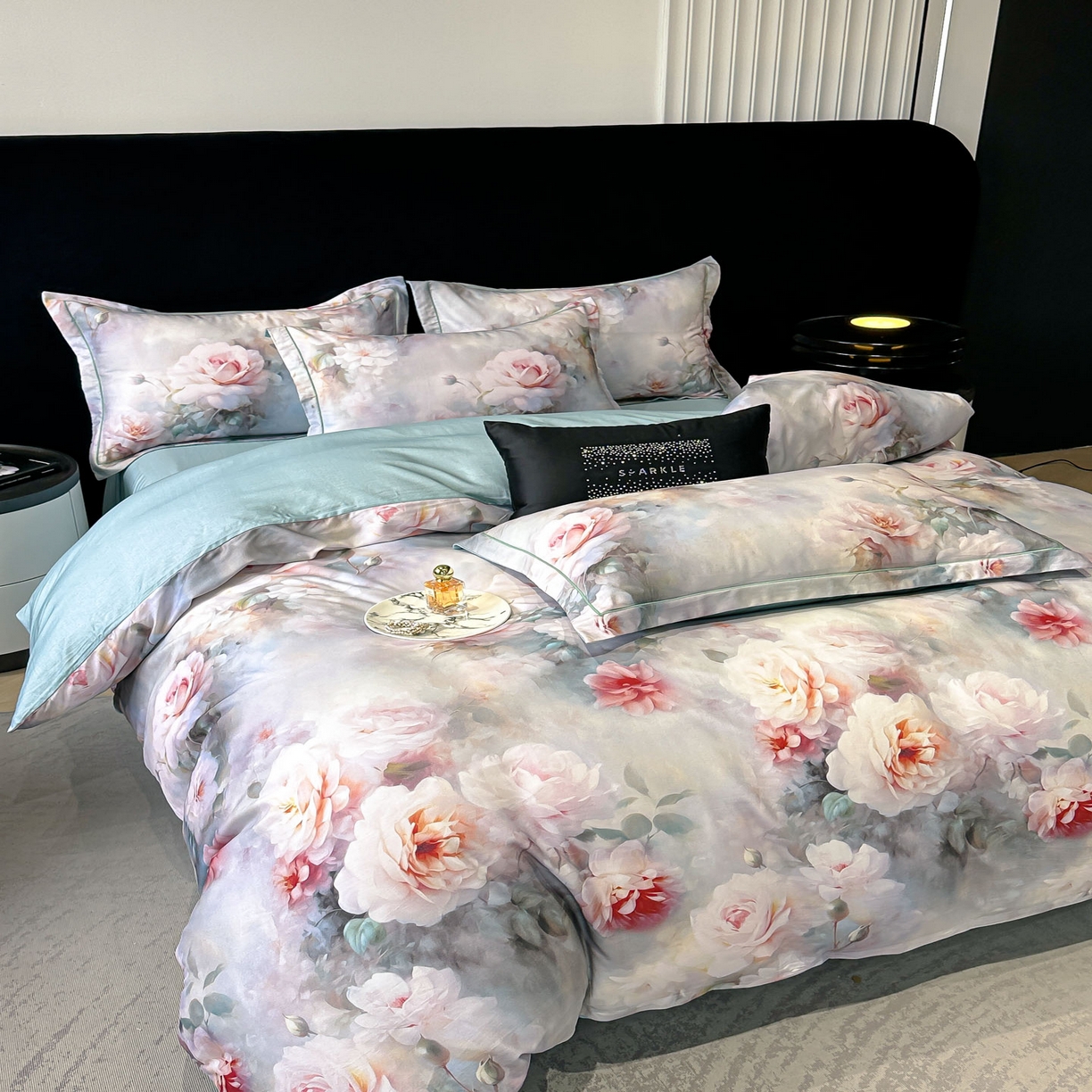 91家纺网 家纺一手货源 找家纺 喜四方 2025新款加厚天丝棉磨毛数码印花四件套 蕊雅-绿