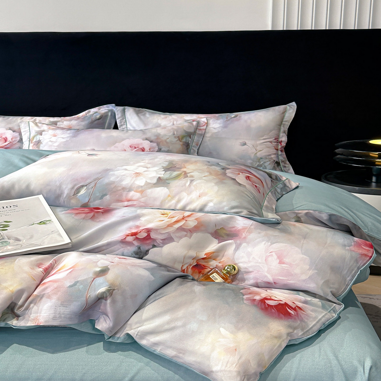 91家纺网 家纺一手货源 找家纺 喜四方 2025新款加厚天丝棉磨毛数码印花四件套 蕊雅-绿