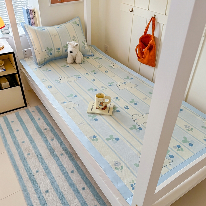 91家纺网 家纺一手货源 找家纺 小叮当家纺仓储工厂店 2025新款A类小清新卡通学生季宿舍床儿童用冰藤席凉席席子 冰藤席-蓝条兔