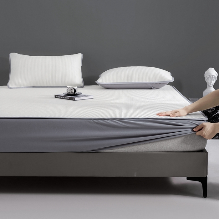 91家纺网 家纺一手货源 找家纺 （总）耀悦家纺 2025春夏新款乙纶凉席pe凉感华夫格床笠款凉席席子三件套床笠床席子