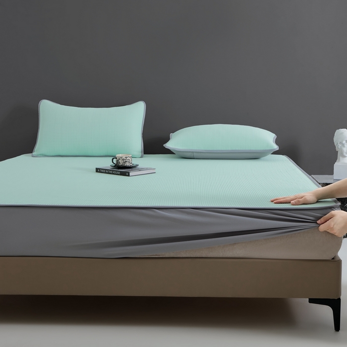 91家纺网 家纺一手货源 找家纺 （总）耀悦家纺 2025春夏新款乙纶凉席pe凉感华夫格床笠款凉席席子三件套床笠床席子