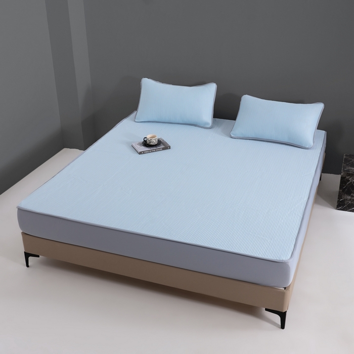 91家纺网 家纺一手货源 找家纺 耀悦家纺 2025春夏新款乙纶凉席pe凉感华夫格床笠款凉席席子三件套床笠床席子 水晶蓝-床笠款