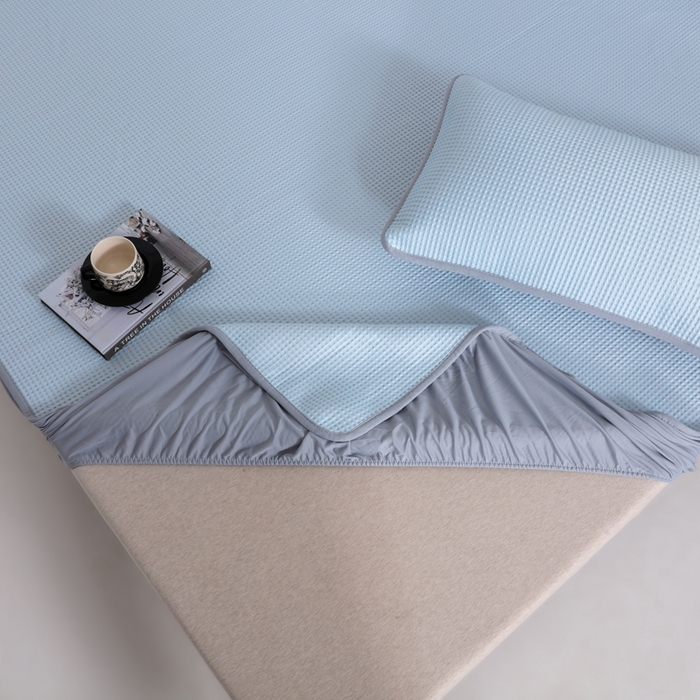 91家纺网 家纺一手货源 找家纺 耀悦家纺 2025春夏新款乙纶凉席pe凉感华夫格床笠款凉席席子三件套床笠床席子 水晶蓝-床笠款