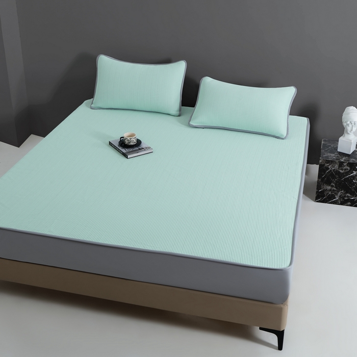 91家纺网 家纺一手货源 找家纺 耀悦家纺 2025春夏新款乙纶凉席pe凉感华夫格床笠款凉席席子三件套床笠床席子 清凉绿-床笠款