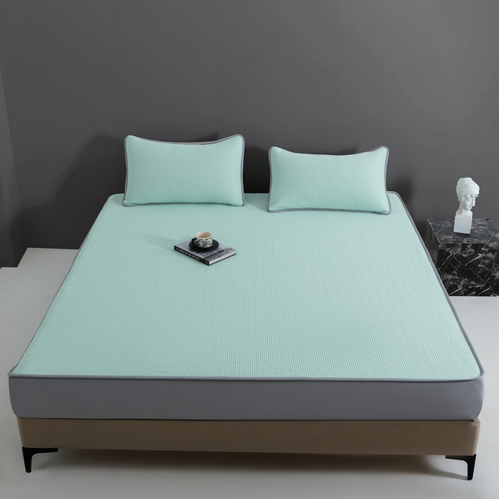 91家纺网 家纺一手货源 找家纺 耀悦家纺 2025春夏新款乙纶凉席pe凉感华夫格床笠款凉席席子三件套床笠床席子 清凉绿-床笠款