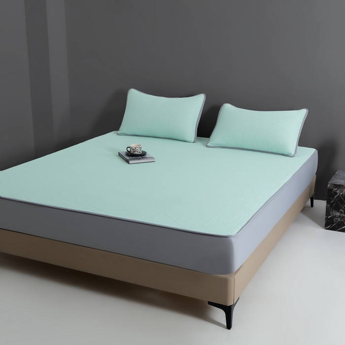 91家纺网 家纺一手货源 找家纺 耀悦家纺 2025春夏新款乙纶凉席pe凉感华夫格床笠款凉席席子三件套床笠床席子 清凉绿-床笠款