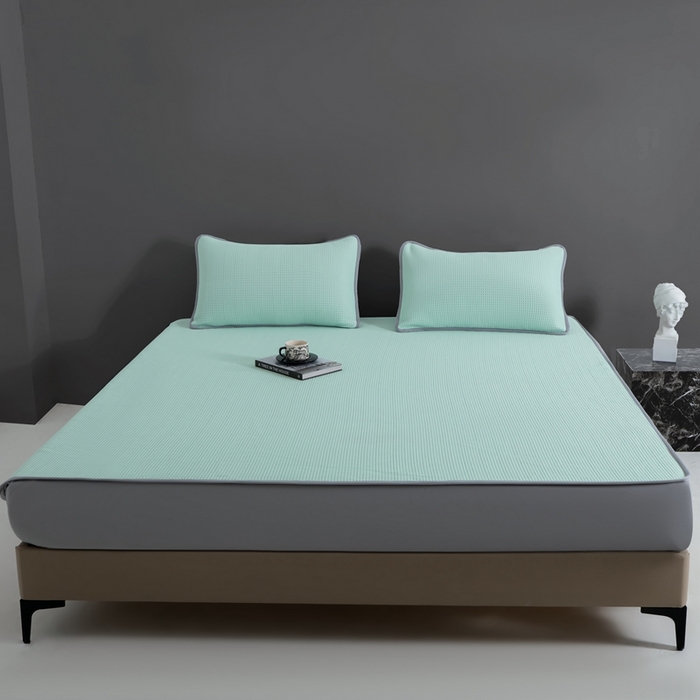 91家纺网 家纺一手货源 找家纺 耀悦家纺 2025春夏新款乙纶凉席pe凉感华夫格床笠款凉席席子三件套床笠床席子 清凉绿-床笠款