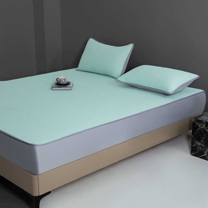 91家纺网 家纺一手货源 找家纺 耀悦家纺 2025春夏新款乙纶凉席pe凉感华夫格床笠款凉席席子三件套床笠床席子 清凉绿-床笠款