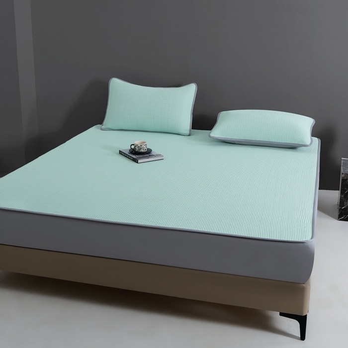 91家纺网 家纺一手货源 找家纺 耀悦家纺 2025春夏新款乙纶凉席pe凉感华夫格床笠款凉席席子三件套床笠床席子 清凉绿-床笠款