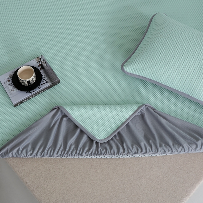 91家纺网 家纺一手货源 找家纺 耀悦家纺 2025春夏新款乙纶凉席pe凉感华夫格床笠款凉席席子三件套床笠床席子 清凉绿-床笠款