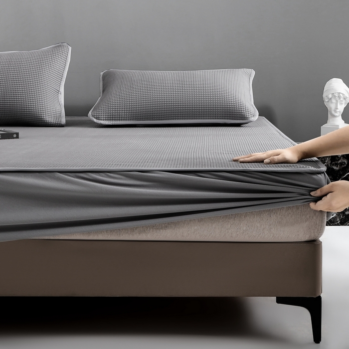 耀悦家纺 2025春夏新款乙纶凉席pe凉感华夫格床笠款凉席席子三件套床笠床席子 云灰-床笠款