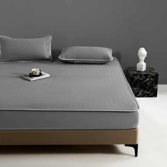 91家纺网 家纺一手货源 找家纺 耀悦家纺 2025春夏新款乙纶凉席pe凉感华夫格床笠款凉席席子三件套床笠床席子 云灰-床笠款