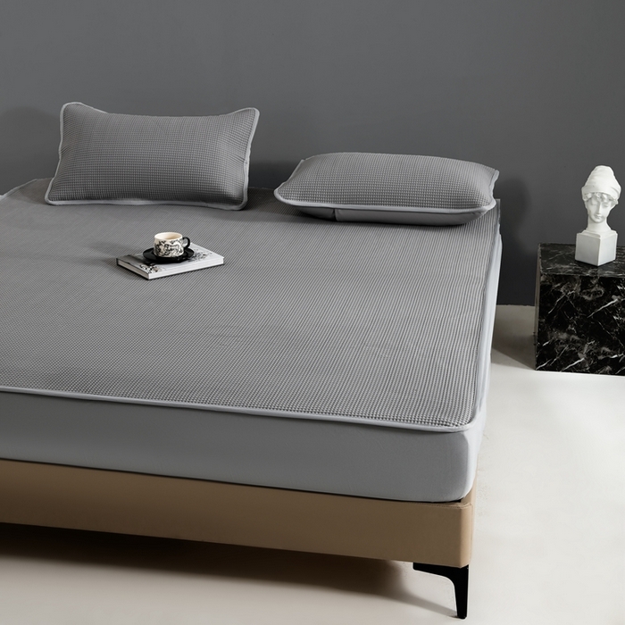 91家纺网 家纺一手货源 找家纺 耀悦家纺 2025春夏新款乙纶凉席pe凉感华夫格床笠款凉席席子三件套床笠床席子 云灰-床笠款