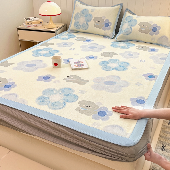 小叮当家纺仓储工厂店 2025新款A类小清新卡通高品质冰藤印花床笠款凉席席子-床笠款 冰藤席-蓝花小狗