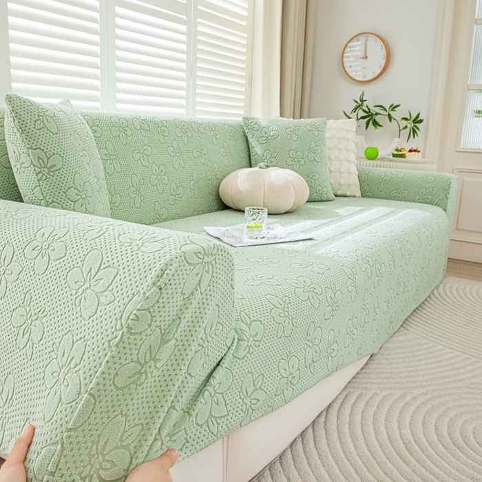 91家纺网 家纺一手货源 找家纺 沐沐家纺 2026新款山茶沙发套 抹茶绿