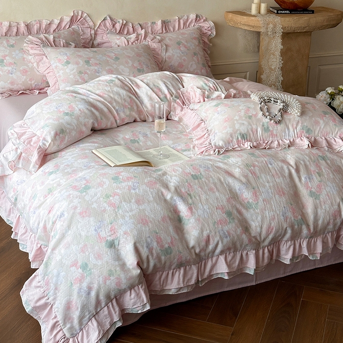 91家纺网 家纺一手货源 找家纺 （总）乐美家纺 2025新款全棉纯棉法式双层纱花边四件套