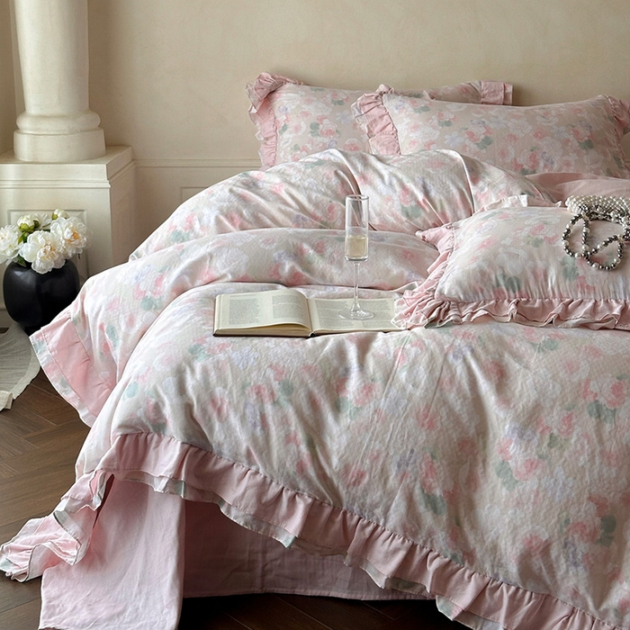 91家纺网 家纺一手货源 找家纺 （总）乐美家纺 2025新款全棉纯棉法式双层纱花边四件套